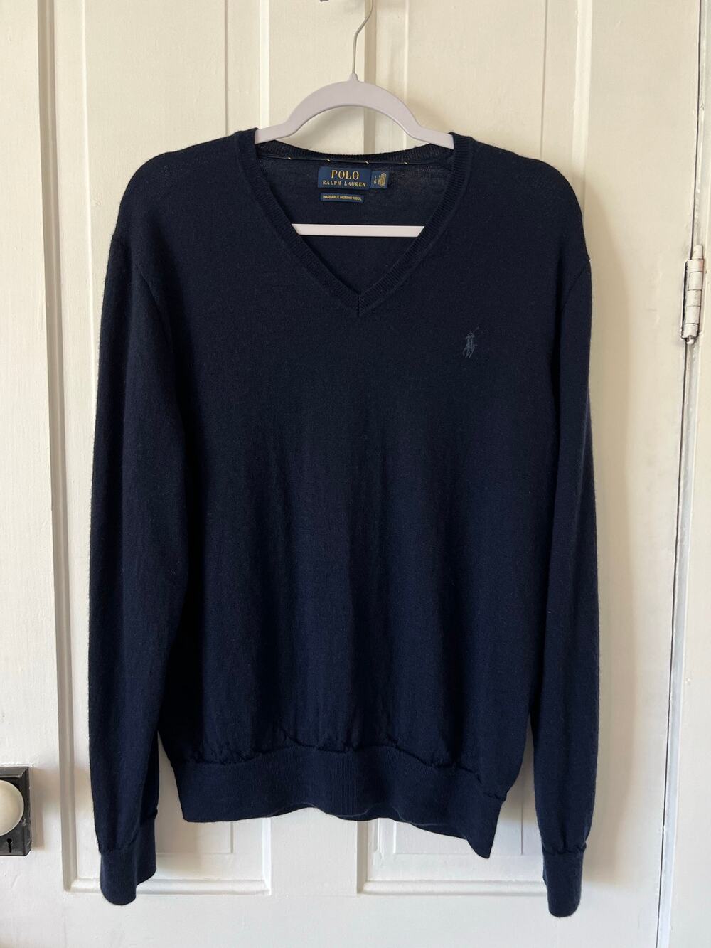 Polo Ralph Lauren 100% washable merino wool navy blue sweater V neck sweater